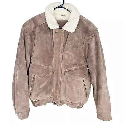 Red Sky Beige Suede Leather Jacket Aviator/Bomber Sherpa Lined Mens Large VTG • $85