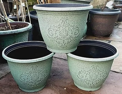 SET  3 X Large Stone Effect Planter Green Plant Pot Barrel Basket Vintage Garden • £14.99