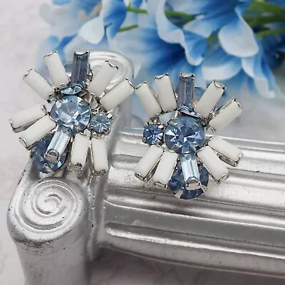 Vintage Baby Blue Rhinestone White Milk Glass Layered Silver Tone Clip Earrings • $22.95