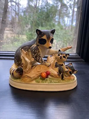 Vintage VTG Porcelain Racoons Playing On Log Figurine Statue Mom & 2 Babies 🦝 • $6.85