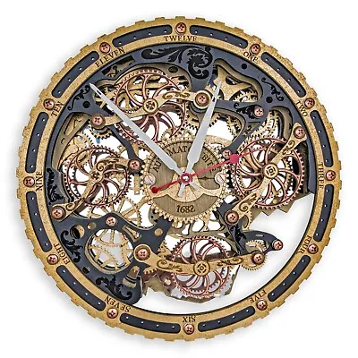 Automaton Bite Moving Gears Wall Clock 1682 Circle Black Gold Steampunk Loft Art • $149