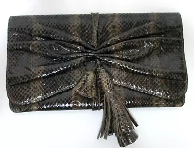 Jill Haber JH Snakeskin Leather Brown Clutch Purse With Tassels Ruched • $89.99