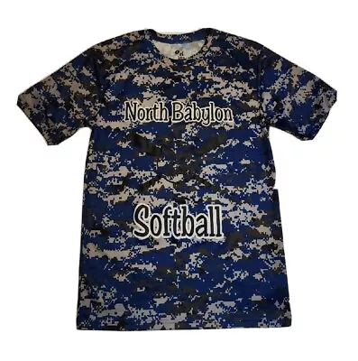 BADGER Sport Blue White Black Camouflage North Babylon Softball T SHIRT- Small • $14