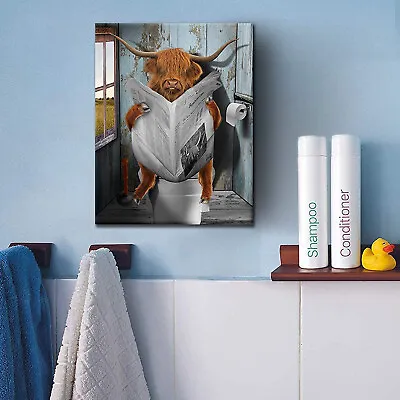 £9.99 • Buy Highland Cow Reading Newspaper On Toilet Seat Funny Bathroom Art Print Only