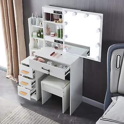 4 Drawers Vanity Set With LED Lighted Mirror Makeup Dressing Table Dresser Desk • $129.86