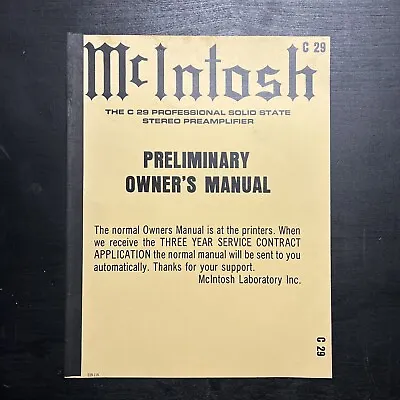 Vintage Original McIntosh C29 Manual Preliminary- Very Rare NEW • $50