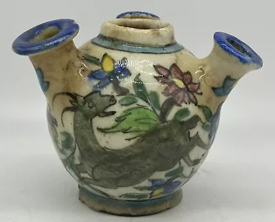 Antique Persian Qajar Hand Painted Tulip Vase Deer Or Goat & Flowers Pottery • $199