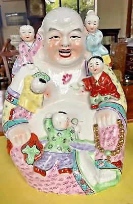 Antique Chinese Famille Rose Porcelain Laughing Buddha With Children Statue • £125