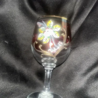 Vintage Bohemian Wine Glass Gold Gild Enamel Flower • $25