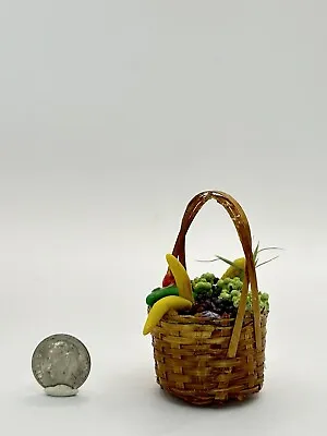 Vtg Miniature Dollhouse Woven Basket Of Sculpted Fresh  Fruit  Artisan 1:12 2207 • $22