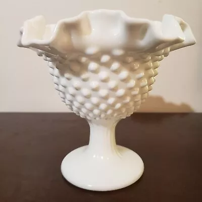 Fenton Milk Glass Hobnail Ridged Pedestal Compote With Ruffled Edge • $15