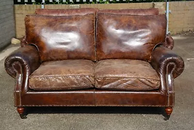 Stunning Timothy Oulton Halo Balmoral Heritage Brown Leather 2 Seater Sofa Del🚚 • £899