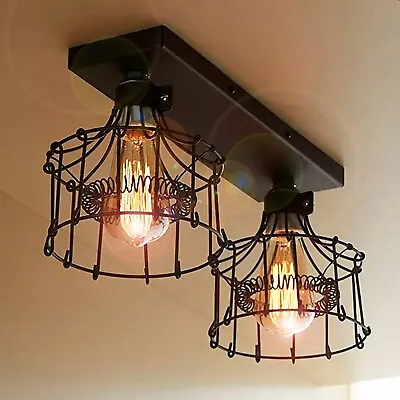 Double Vintage Wire Cage Lamp Ceiling Light Flush Mount Antique Rustic Lighting • $126