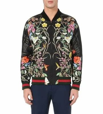 $1299 • Buy GUCCI Men Floral-print Embroidered Silk Bomber Jacket- Sz IT48 - New & Authentic