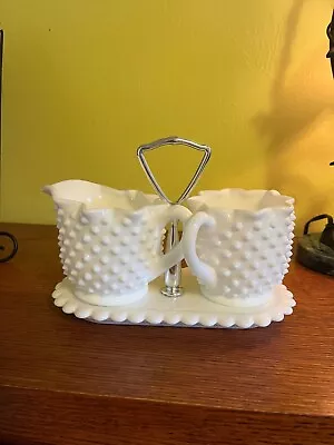 Fenton Star Shaped Milk Glass Cream And Sugar Bowl Set Hobnail With Plate • $16