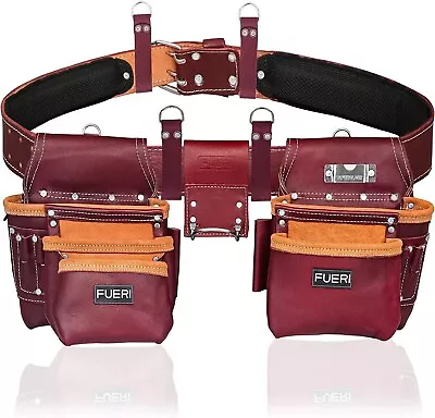 Leather Tool Bag 17-Pocket Leather Pouch Nail & Tool Apron Carpenters Belt Set • $104.99