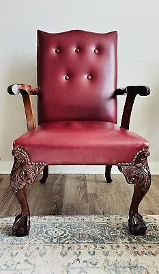 Vintage Armchair Ornately Carved Floral Wood Design Tufted Burgundy Red Leather • $205