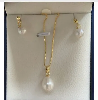 Real Pearl Jewellery Set 18ct Gold / P Ivory Pearl Earrings & Pendant Necklace • £16.45