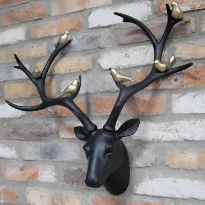 £69.99 • Buy Black Stag Head With Gold Birds Wall Mounted Deer Antlers Show Piece Modern Deco