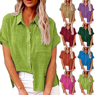 Womens Cotton Linen Casual Blouse Ladies Button T Shirt Short Sleeve Tunic Tops • $18.59