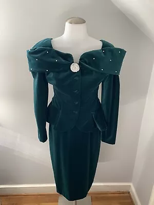 Vtg 80s WATTERS & WATTERS Green Velvet Formal 2pc Cocktail Gown Dress Size 4 • $130.99