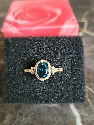 Judith Ripka 14k Solid Gold Ring London Blue Topaz  And Diamonds New Size 9 • $599.90