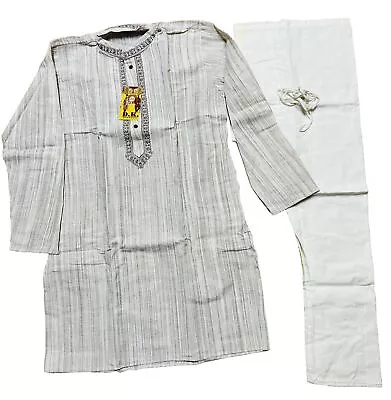 NWT Men's Kurta PAJAMA SET COTTON SZ 42 Large Brown White Embroidery INDIA- USA • $36.65