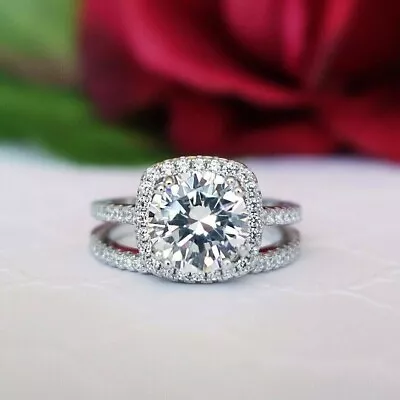 Bridal Set 2.0Ct Round Cut Moissanite Halo Engagement Ring 14k White Gold Plated • $159.60