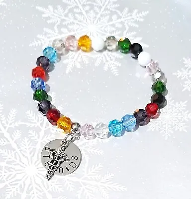 Medical Alert Bracelet SOS Warning Elasticated 8mm Crystal Beads & Charm 8  SALE • £6.99