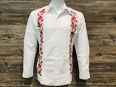Men's Guayabera Wedding Dress Shirt White Linen Red Flower Double Embroidery • $60
