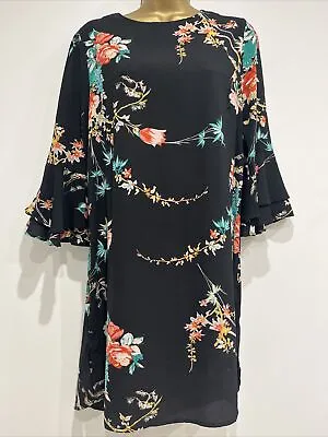 Cameo Rose Black Floral Shift Tunic Bell Sleeve Dress Size 10 • £5