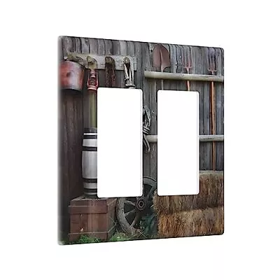 Rustic Farm Shovel Rake Oak Barrels Country 2 Gang Rocker Light Switch Cover ... • $25.71