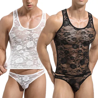 Men Sexy Lace See Through Lingerie Tank Top Vest Bikini Briefs Panties Underwear • $8.99