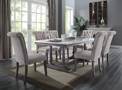 SPECIAL Gray Oak & White Faux Marble Dining Room 7 Piece Table Chairs Set ICBM • $1379.72