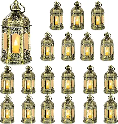 Mini Lantern With Flickering LED Candles Set Of 20  Gold Vintage Decorative Han • $65.99