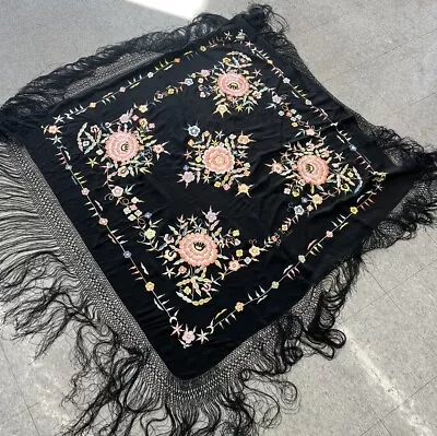 Vtg 40s 50s Black Acetate Rayon Piano Shawl Scarf Embroidered Flowers Beautiful • $26.88