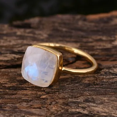 Cushion Cut Moonstone Ring 18k Gold Plated Sterling Silver Stackable Women Ring • $22.99