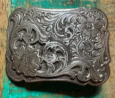 Vintage Silver Tone Metal Southwestern Style Belt Buckle Etched Floral • $13.49