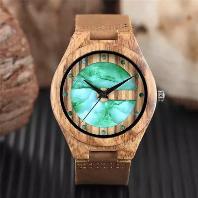 Men's Marble/Jade Green Dots Display Quartz Wood Watches Genuine Leather Watch • $17.47