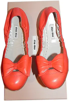 Miu Miu By Prada Ballet Flats Ballerina Shoes 37 Orange Scrunch Bow Loafers • $229