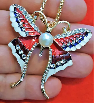 Long Wings MONARCH Rhinestone BUTTERFLY Enamel Betsey Johnson Necklace RED • $12.99