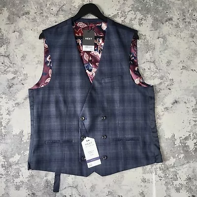 Next Mens Waistcoat 44R Slim Fit Blue Check Double Breasted Stretch Floral • $24.81