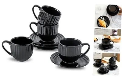  Cappuccino Cups With Saucers Ceramic Ribbed Espresso Cups Set Of 4 6 Oz Black • £21.96