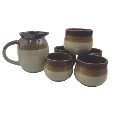 Vintage Pitcher  Coffee Mugs Set Of 6 Classic 1970's Mid Century Striped Pottery • $18