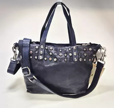 Capomaggi Ravenna Blue Leather Studded Tote Shoulder Crossbody Zip Bag NWT • $632.28