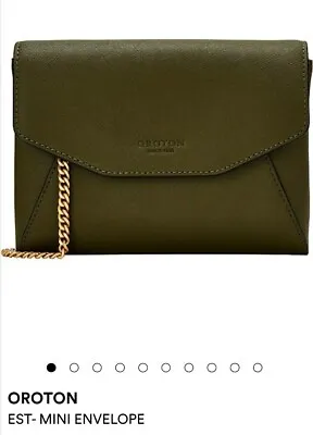 $109 • Buy OROTON Estate Mini Envelope Leather Clutch Black Brown Metal Strap New Dust Bag