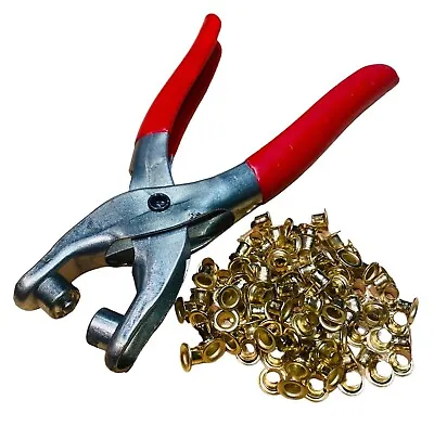 Eyelet Plier Punch Tool DIY Hole Maker Leather Craft Kit With 50 Brass Eyelets • £3.99