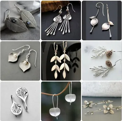 $3.73 • Buy Vintage 925 Silver Leaves Ear Hook Earrings Women Wedding Drop Dangle Jewelry