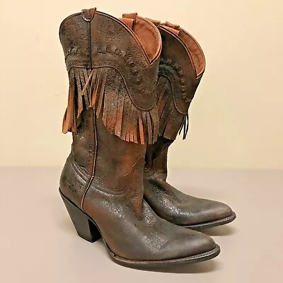 Liberty Black Fringe Boots Women 7.5 /38 Brown Distress Leather Western Pointed • $59.99