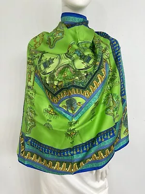 Versace Vintage Silk Twill Scarf Shawl  Green Blue Dragon Motif 33 X 34 • $59.99